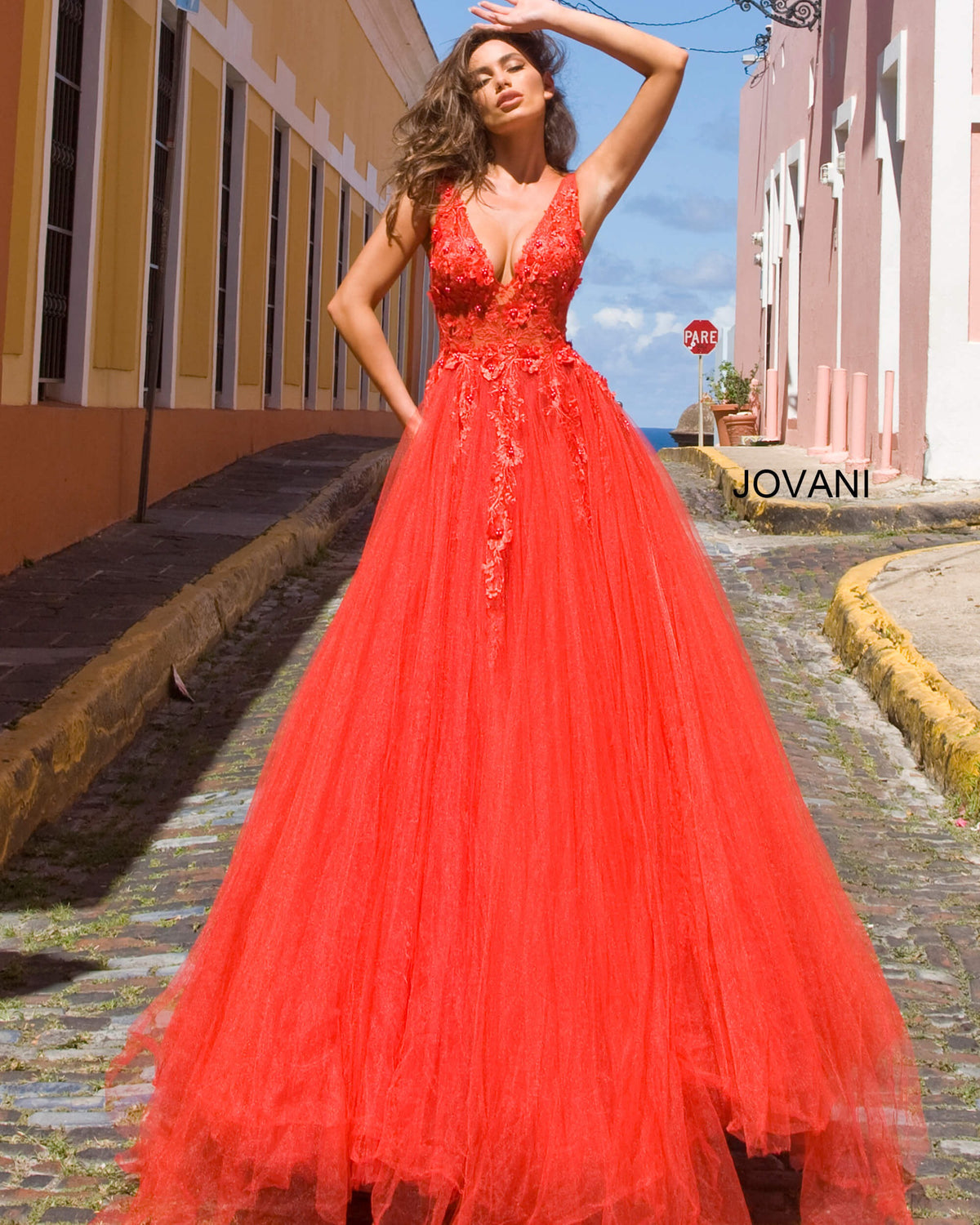 Jovani Prom Dress Jovani 55634 Red Floral Appliques Dress