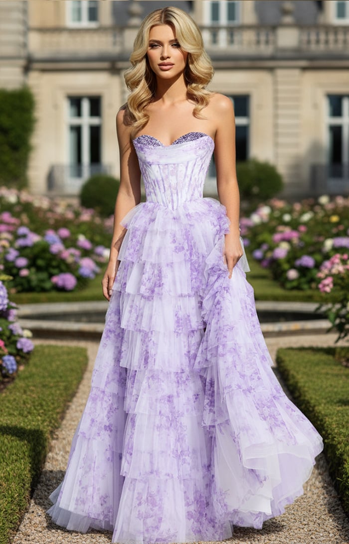 Jovani Prom Dress Lavender Floral Tiered Corset Prom Dress - Jovani 47440