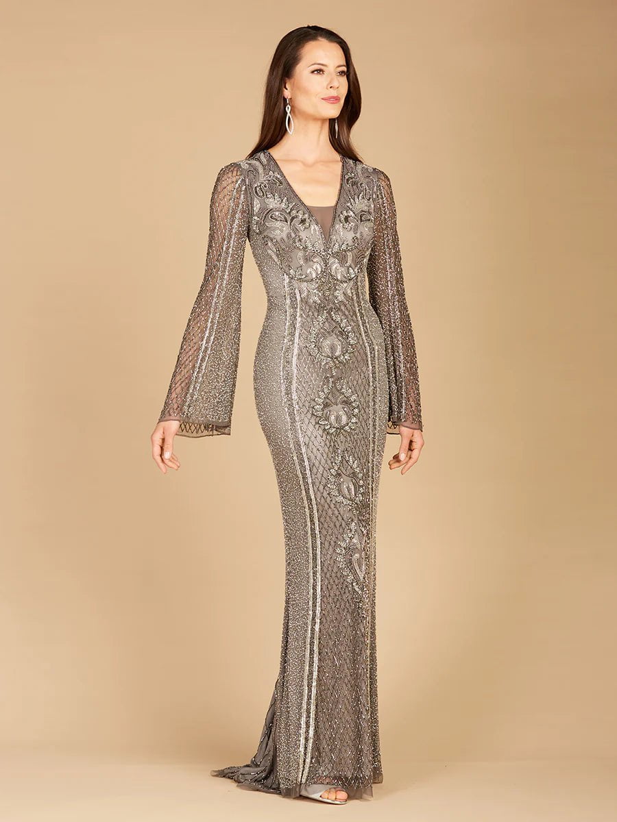 Lara Design Dress Lara 29213 - Long Bell Sleeve V-neck Beaded Gown