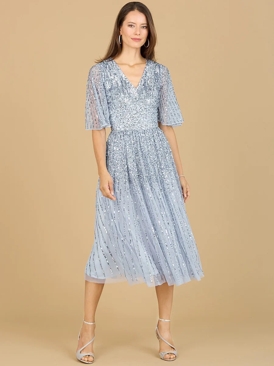 Lara 29221 Flowing Sequin Midi Dress With Short Sleeves