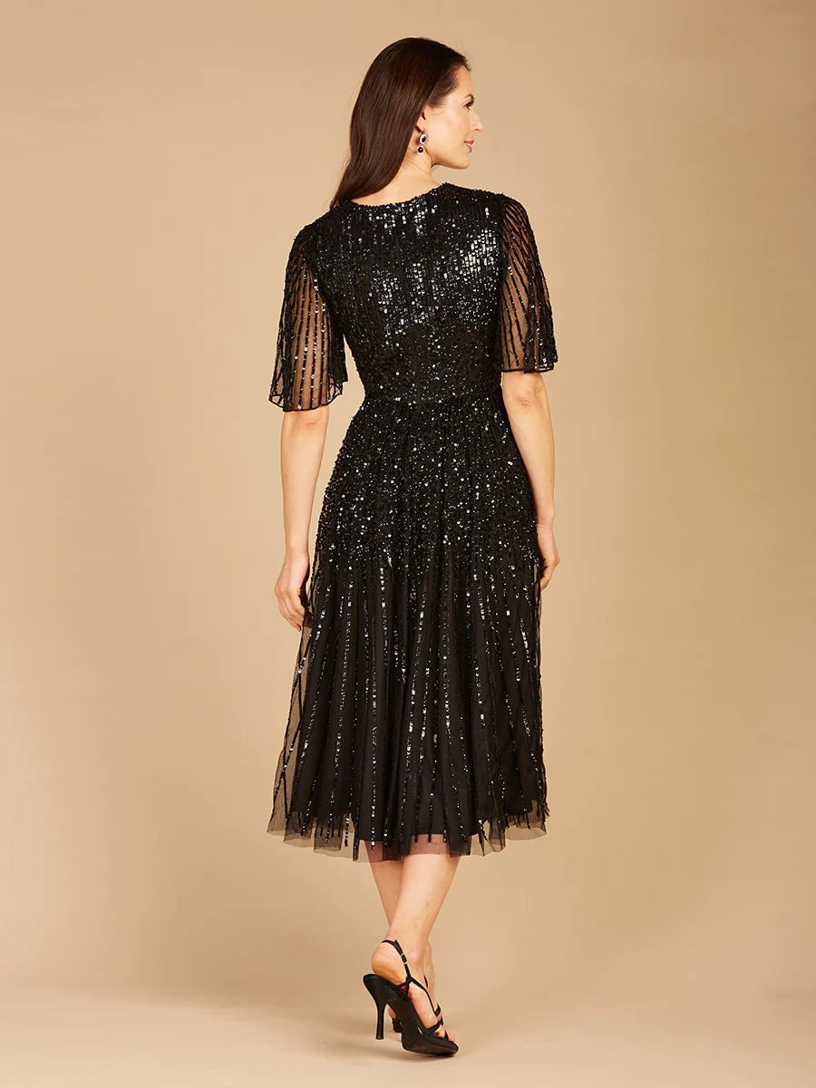 Lara 29221 Flowing Sequin Midi Dress With Short Sleeves
