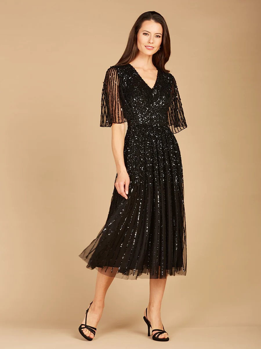 Lara Design Dress Lara 29221 - Flowing, Sequin Midi Dress With Short Sleeves