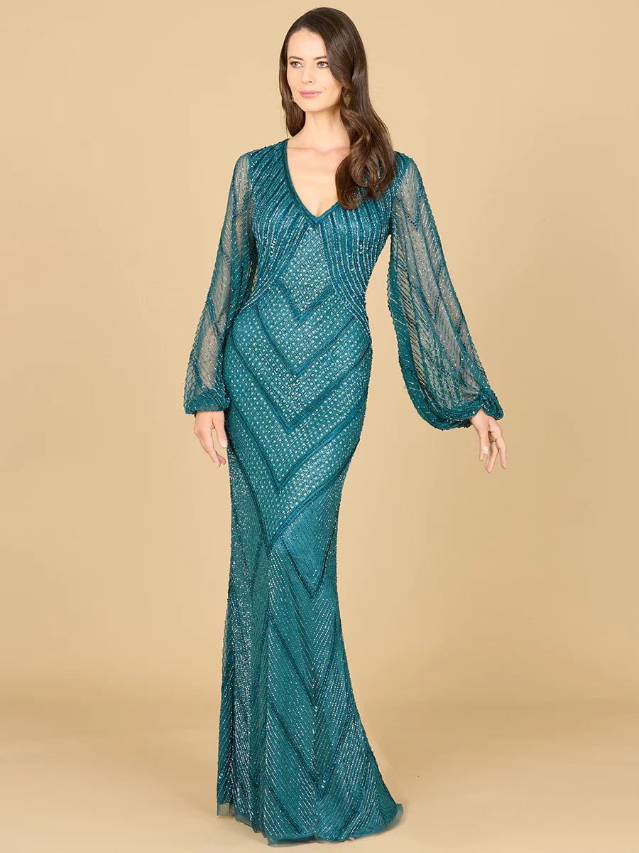 Lara Design Dress Lara 29228 - Long Sleeve Beaded Dress With Sheer Sleeves