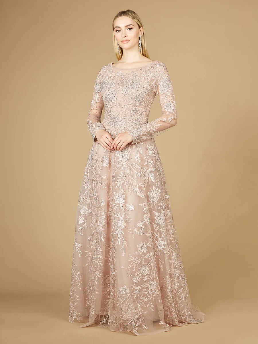 Light Blue Long-Sleeves Floral Embroidery High Neck Floor-Length Ball-Style  Gown | Tulle evening dress, Pink evening dress, Long prom dress