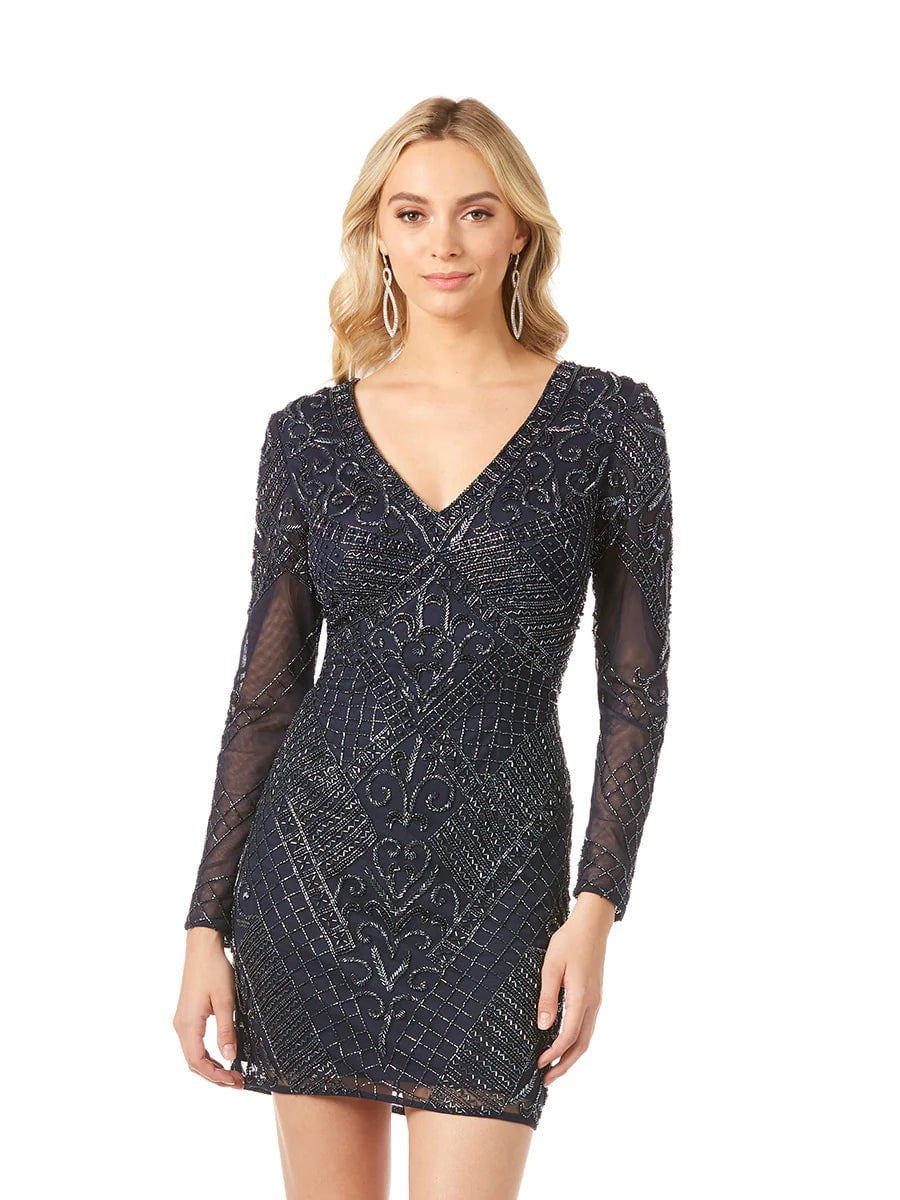 Lara Design Dress Lara 29344 Long Sleeve V-neck Beaded Cocktail Dress in Navy