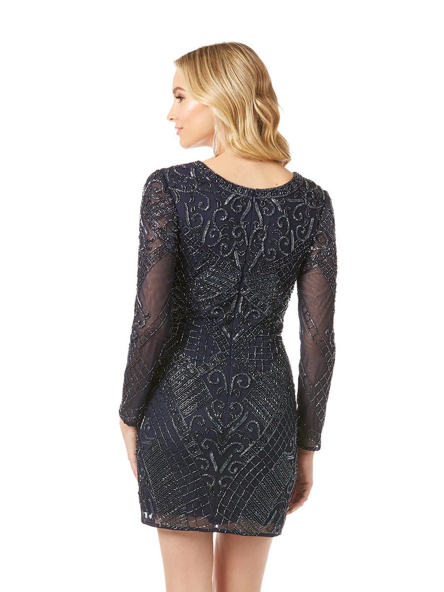 Lara Design Dress Lara 29344 Long Sleeve V-neck Beaded Cocktail Dress in Navy