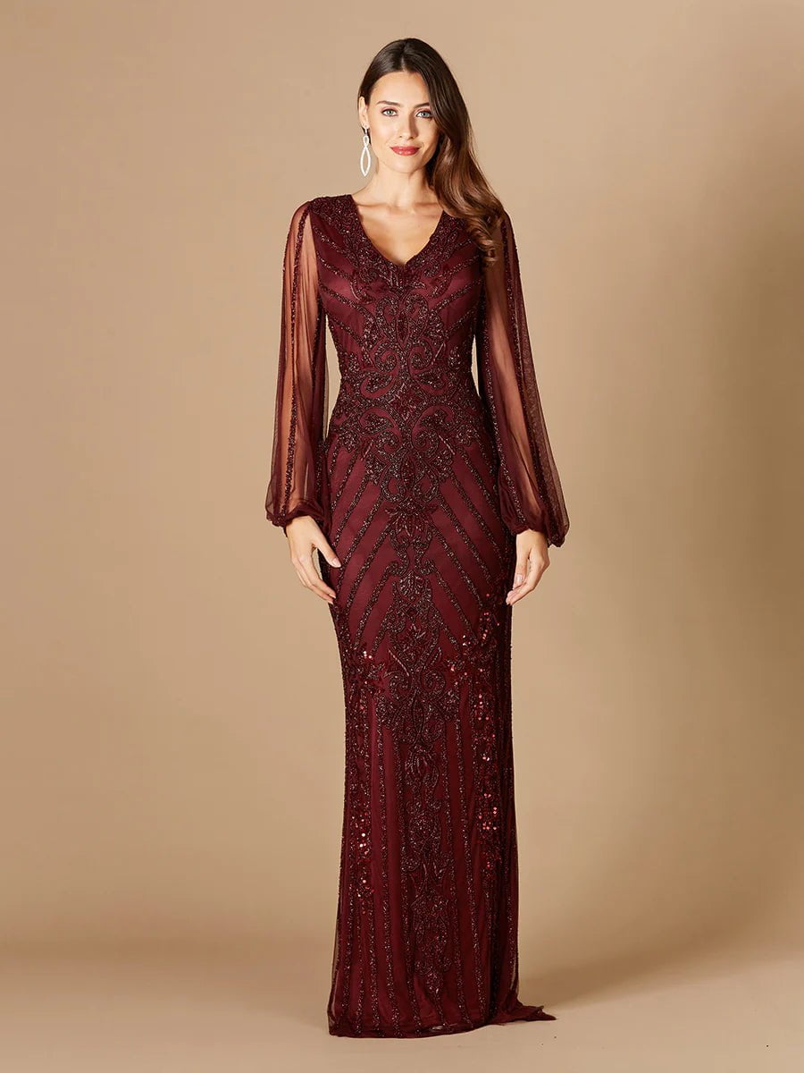 Lara Design Dress Lara 29369 - Long Flutter Sleeves Beaded Dress