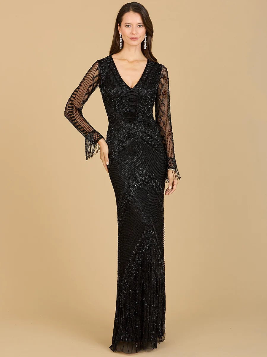 Lara Design Evening Dresses Lara 29364 Long Sleeve Fringe Dress