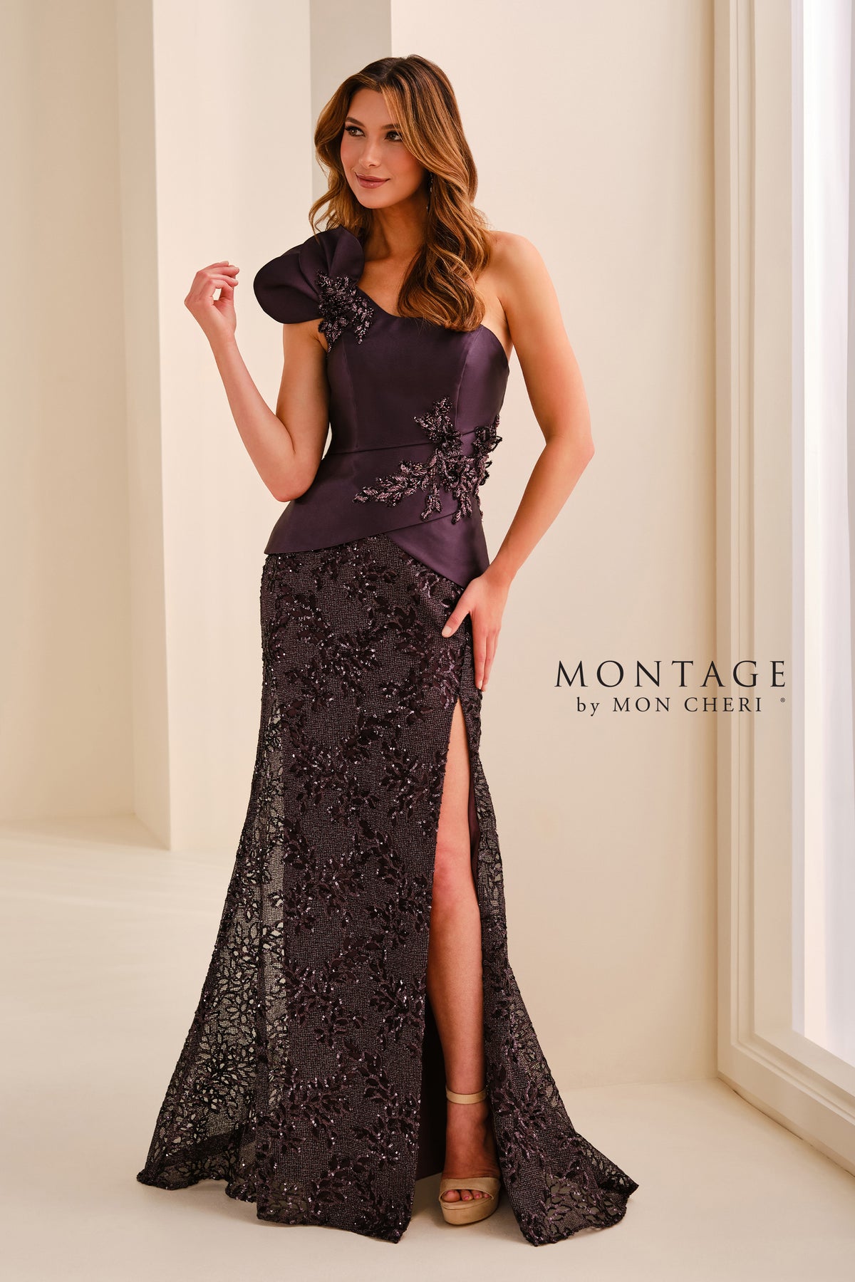 Montage Dress Montage M3223 One-Shoulder Mermaid Beaded Metallic Net Mother of the Bride Gown