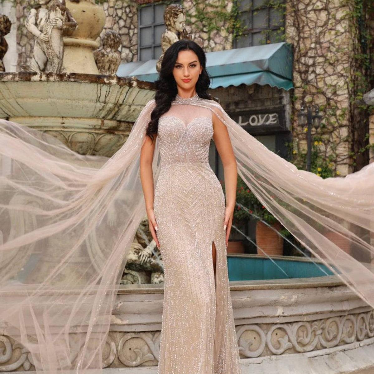 anastasia long sleeve dress The Anastasia Dress with Cape long sleeves 6 / Champagne/Nude