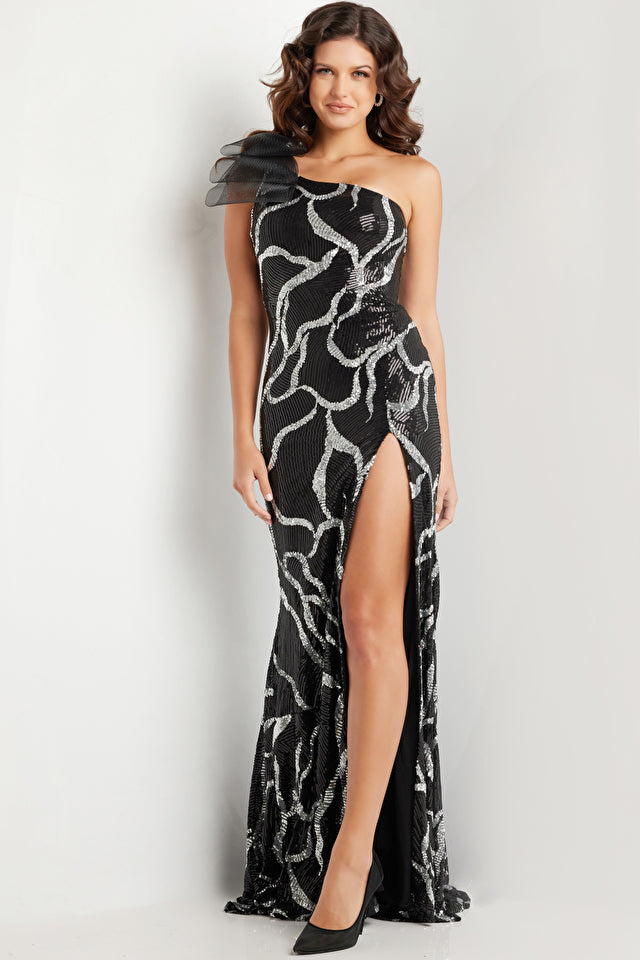 NorasBridalBoutiqueNY Black Silver Sequin One Shoulder Dress 38377