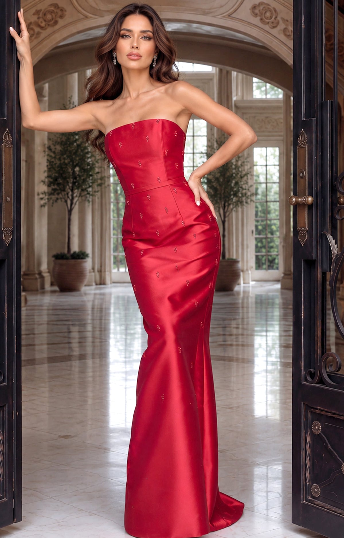 Jovani 55424 Strapless Crystal Scattered Satin Column Gown