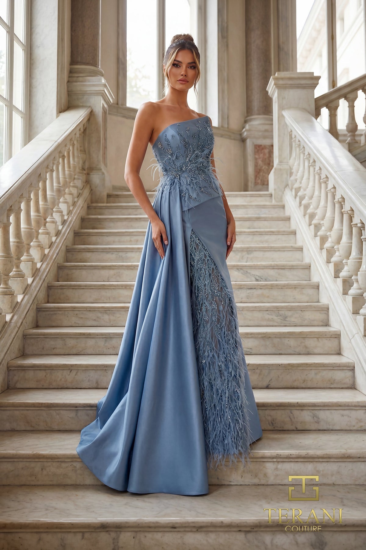 Terani Couture Dress Slate Blue Terani Couture 262E7052 Strapless Mikado Column Evening Gown with Side Overskirt