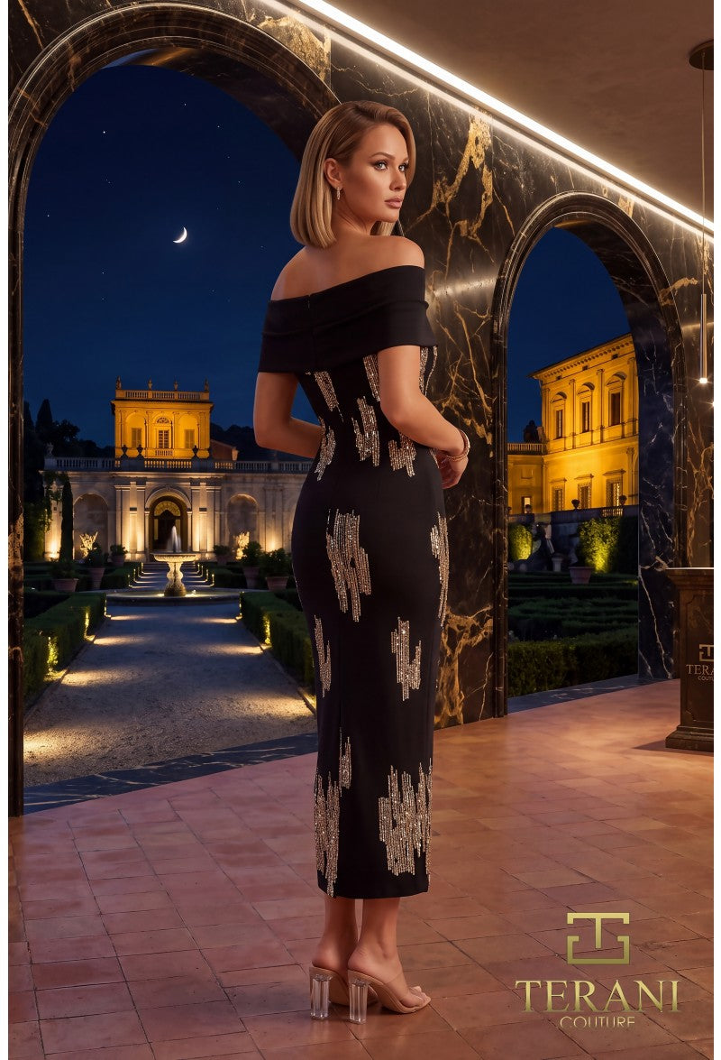 Terani Couture Dress Terani Couture 262C7544 Off-Shoulder Sequin Mikado Cocktail Column Dress