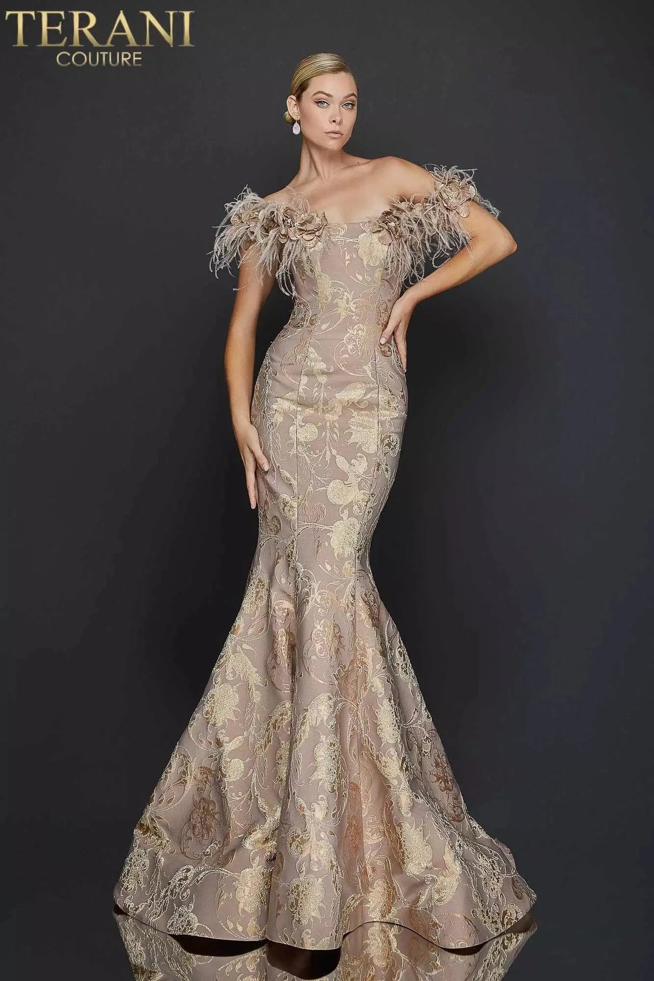 Terani Couture Evening Dress Terani Couture 1921E0136 Striking Flower and Feather Strapless Evening Gown