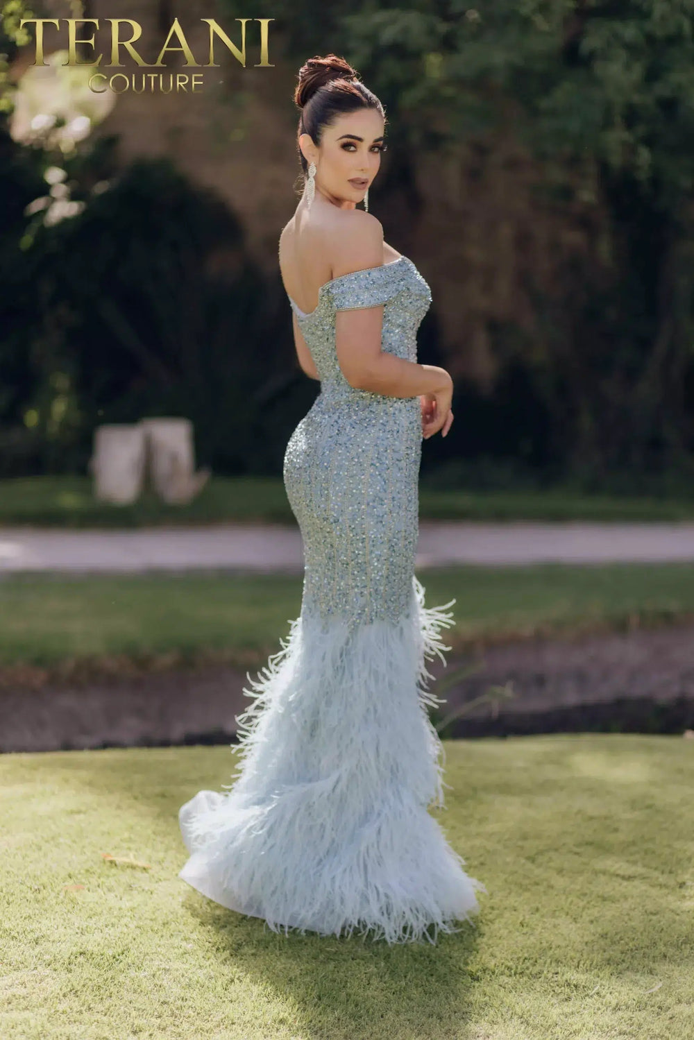 terani couture evening dress Terani Couture 232GL1478 Mermaid Off-Shoulder Beaded Bodice Feathered Hem Long Dress