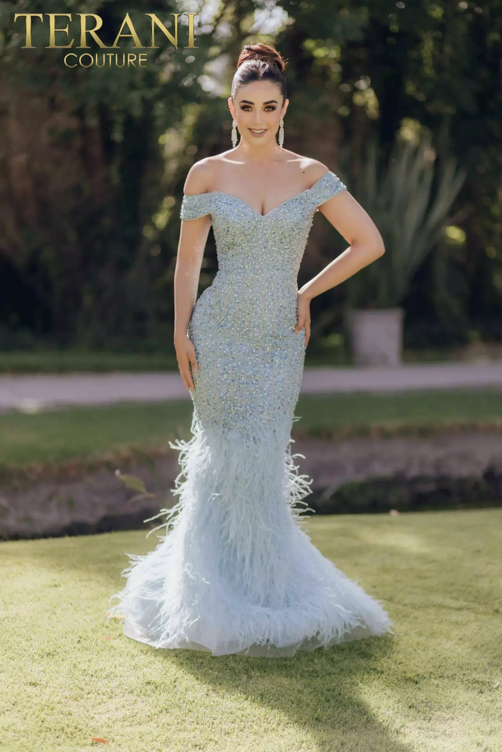 terani couture evening dress Terani Couture 232GL1478 Mermaid Off-Shoulder Beaded Bodice Feathered Hem Long Dress