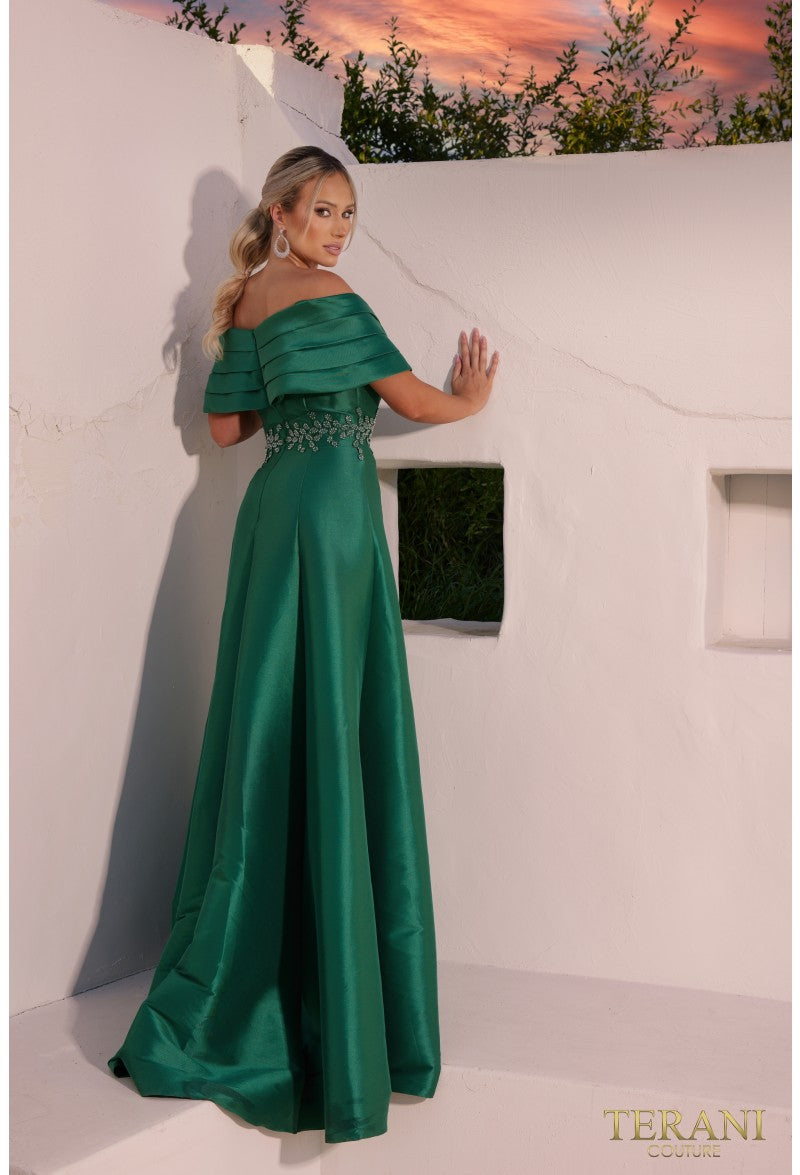 Terani Couture Evening Dress Terani Couture 232M1511 Off Shoulder Pleated Neckline Embroidery Ballgown Dress