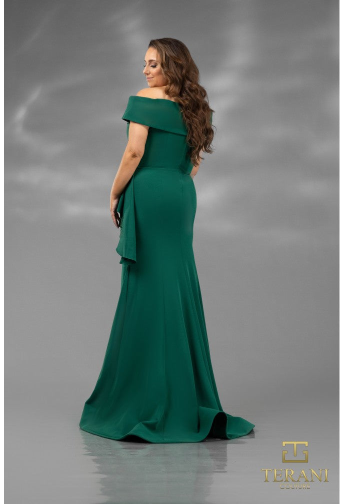 Terani Couture Evening Gown Terani Couture  1911M9339 Off Shoulder Side Drape Peplum Mermaid Gown