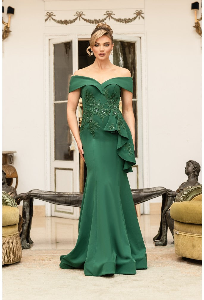 Terani Couture Evening Gown Terani Couture  1911M9339 Off Shoulder Side Drape Peplum Mermaid Gown