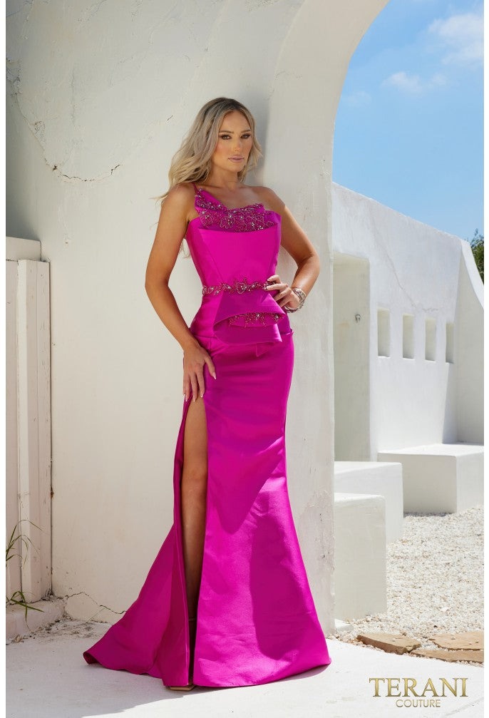 Terani Couture evening gown Terani Couture 2011E2103 Mikado one shoulder bead detailed evening gown with slit