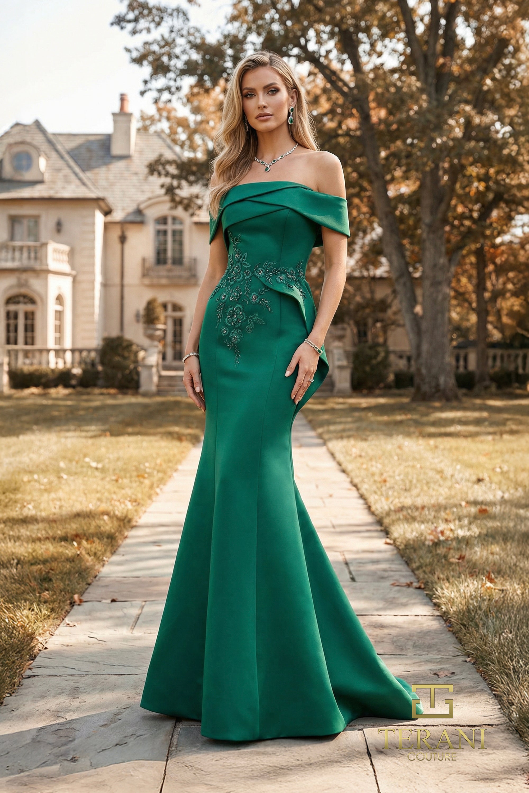 Terani Couture Evening Gown Terani Couture 262E7053 Off-Shoulder Beaded Satin Mermaid Evening Gown
