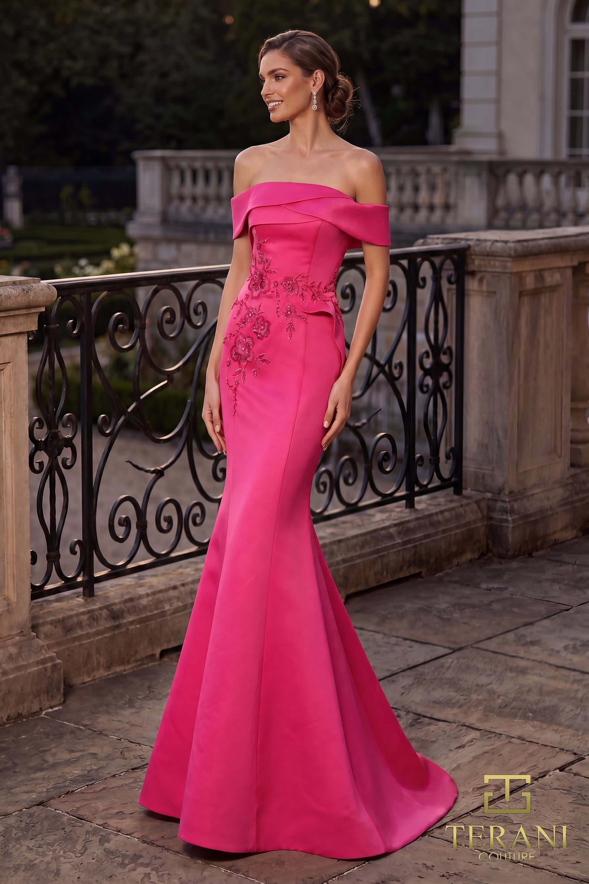 Terani Couture Evening Gown Terani Couture 262E7053 Off-Shoulder Beaded Satin Mermaid Evening Gown
