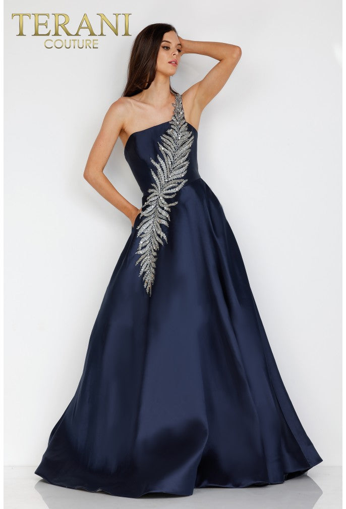 Terani Couture prom gown Terani Couture 1912E9202 One Shoulder Dazzling Fern Accent Gown