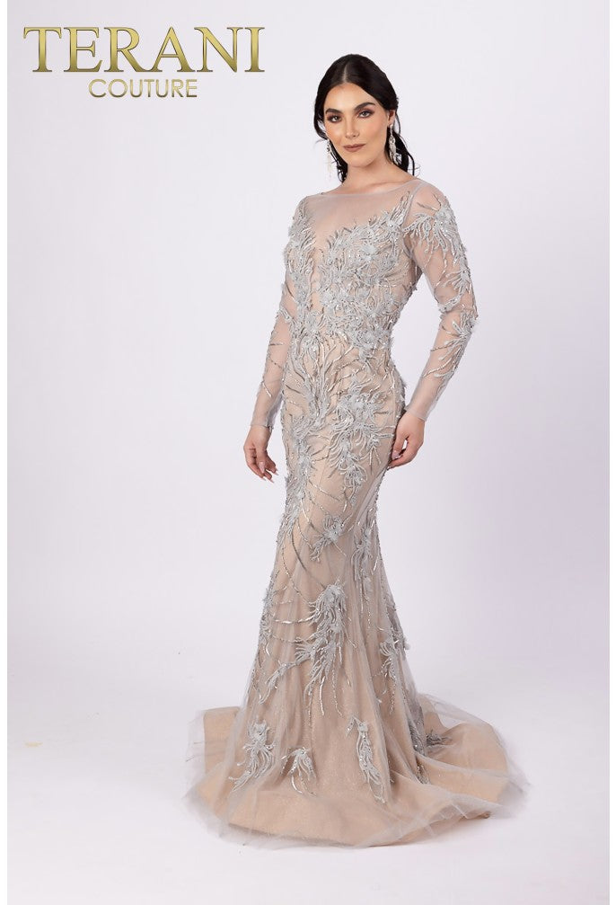 terani couture Terani 232GL1407 Embroidered Plunging Illusion Back Mermaid Long Sleeves Dress