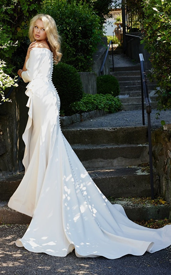 Jovani Bridal Gown Jovani Bridal JB07456 Off White Three Quarter Sleeve Sheath Wedding Dress