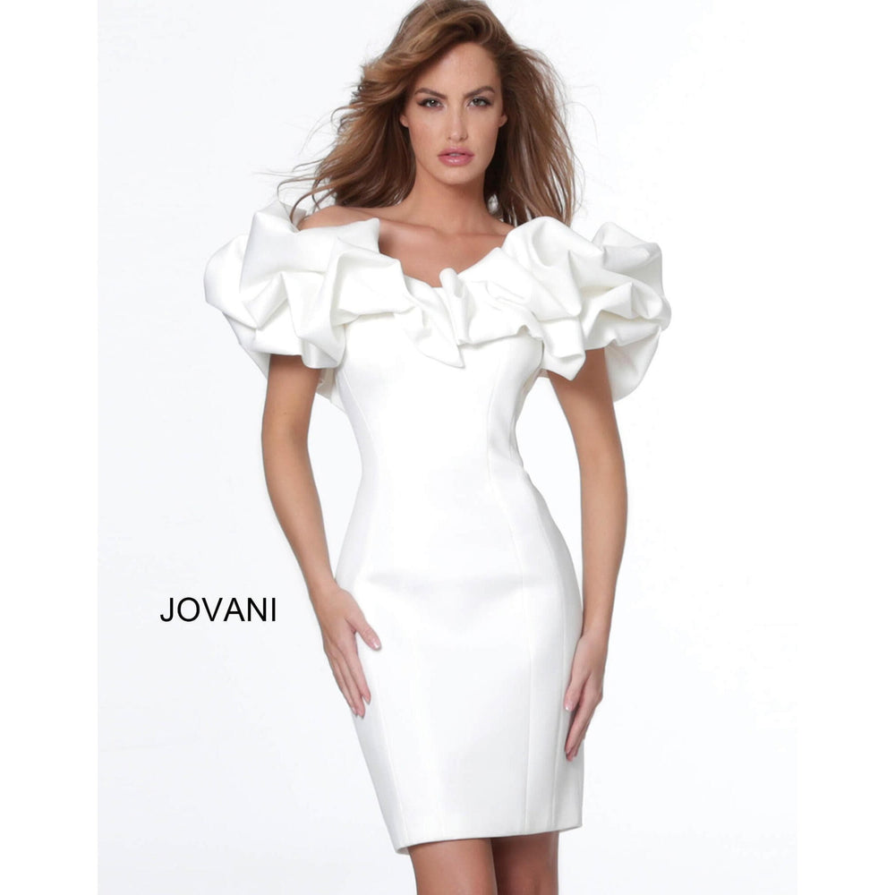 Jovani Cocktail Dress Jovani 04367 White Off the Shoulder Ruffle Neckline Cocktail Dress