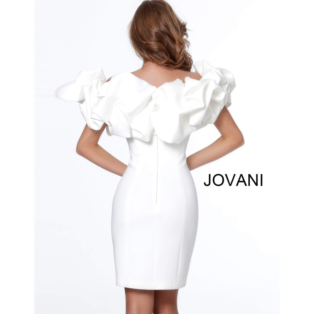 Jovani Cocktail Dress Jovani 04367 White Off the Shoulder Ruffle Neckline Cocktail Dress
