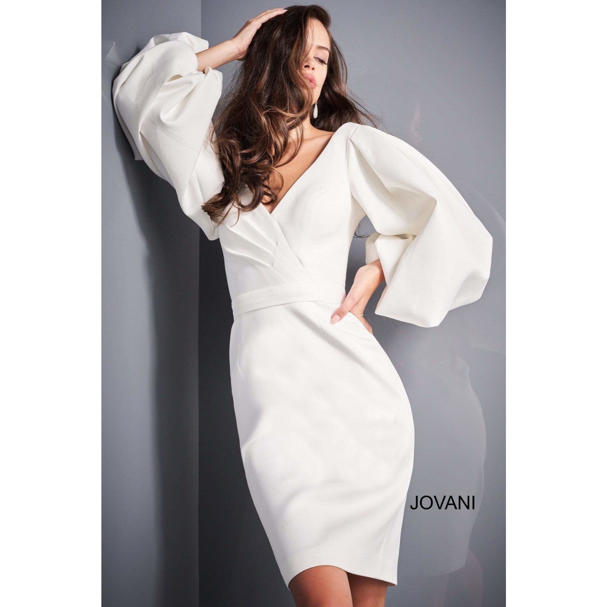 Jovani Cocktail Dress Jovani 04370 White Long Sleeve Cocktail Dress