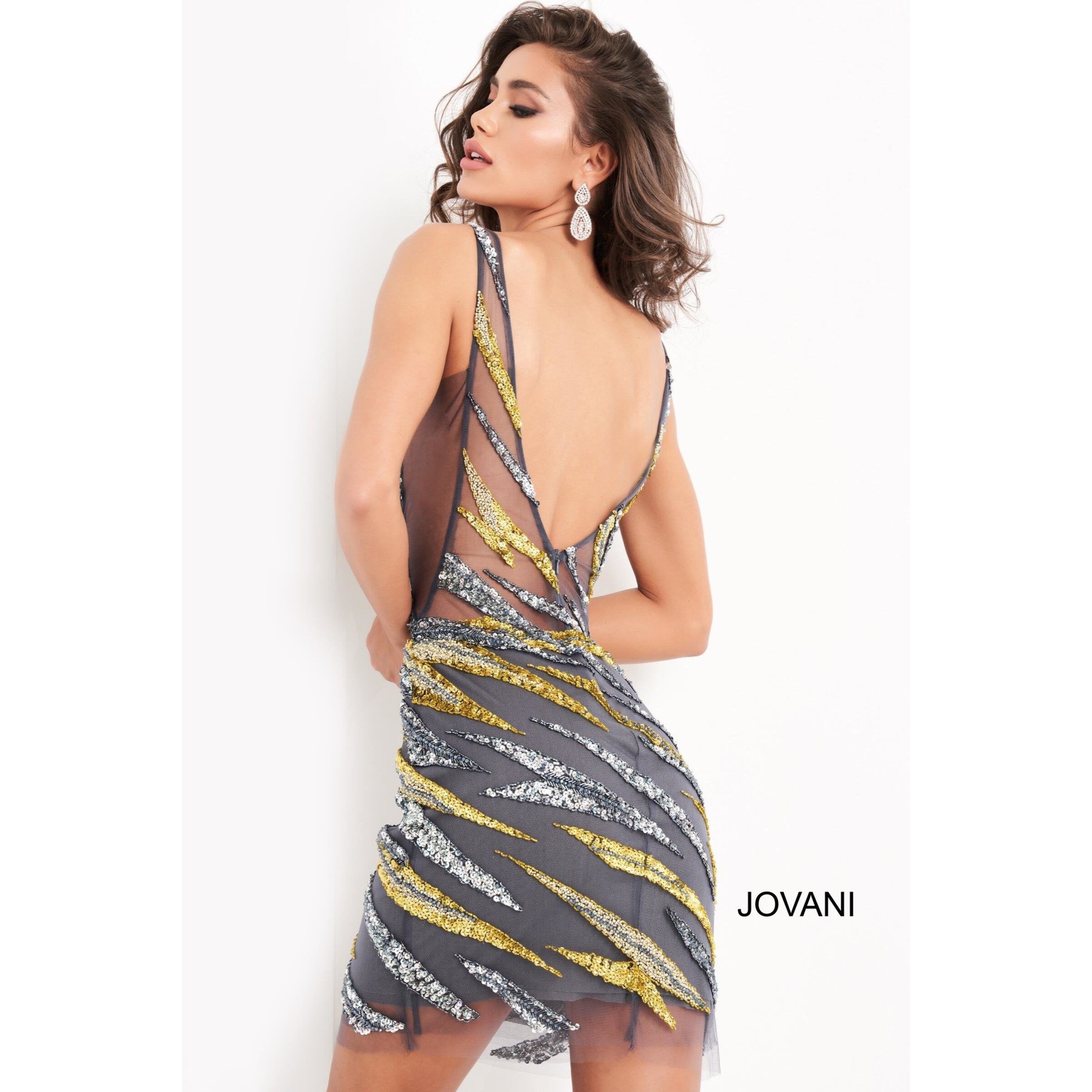 Jovani Cocktail Dress Jovani 04381 Gunmetal Embellished V Neck Cocktail Dress