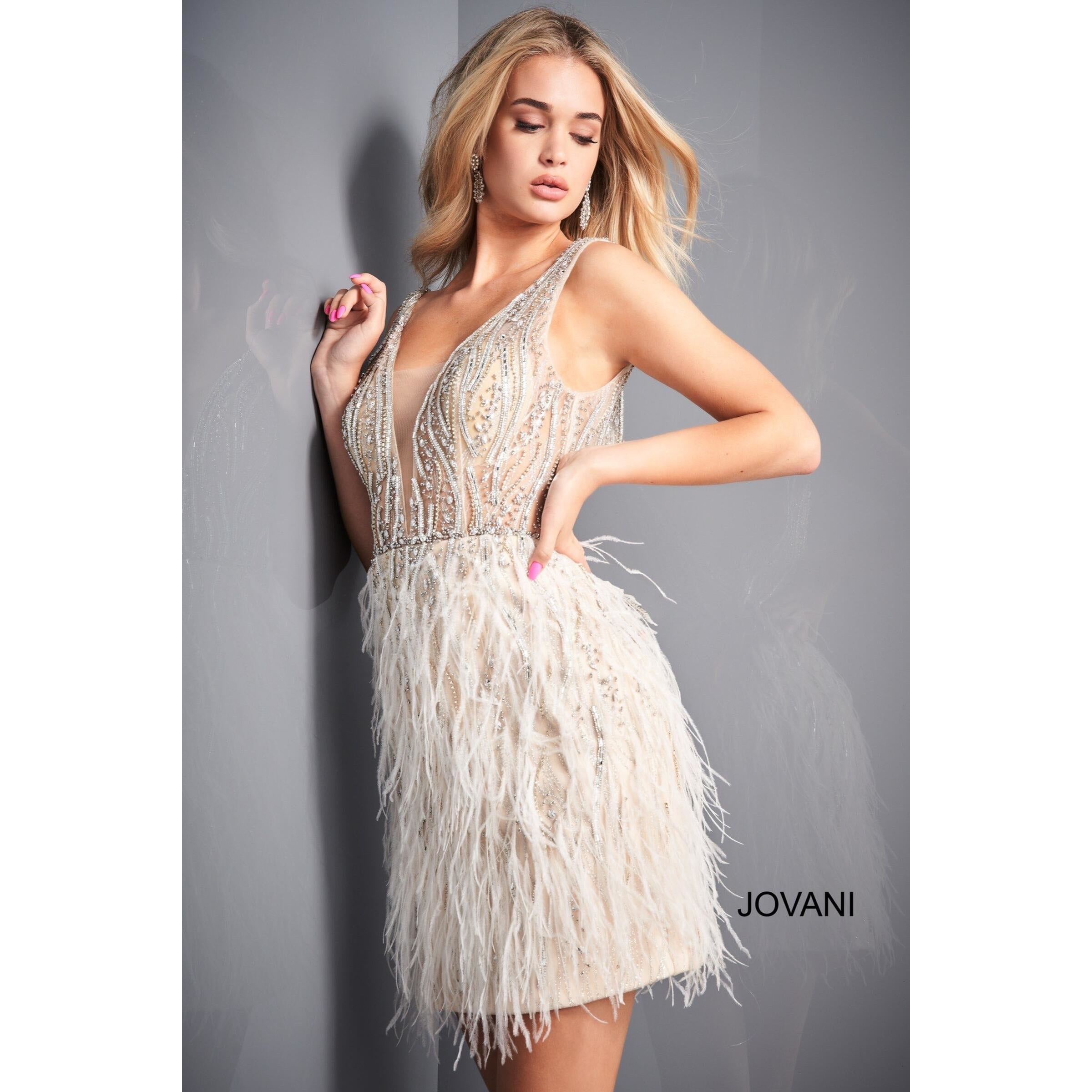 Jovani Cocktail Dress Jovani 04619 Jovani Beige Feather Embellished Homecoming Dress