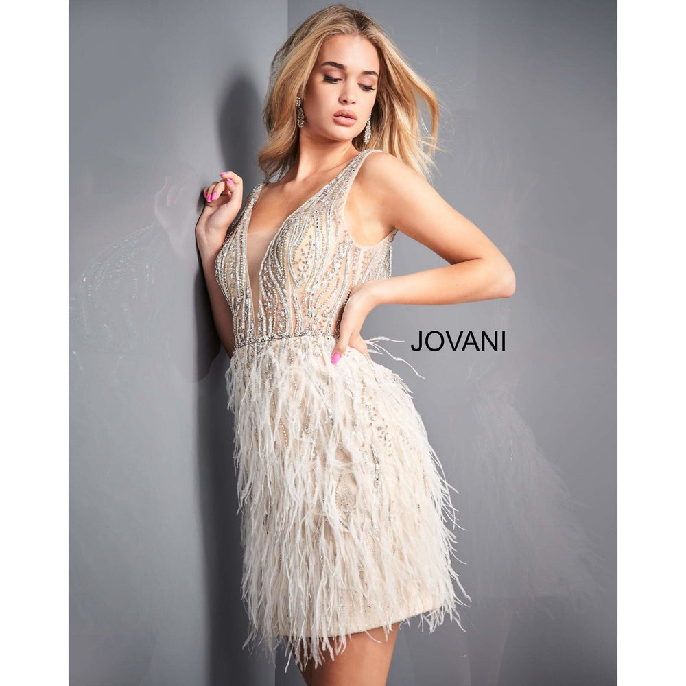 Jovani Cocktail Dress Jovani 04619 Jovani Beige Feather Embellished Homecoming Dress