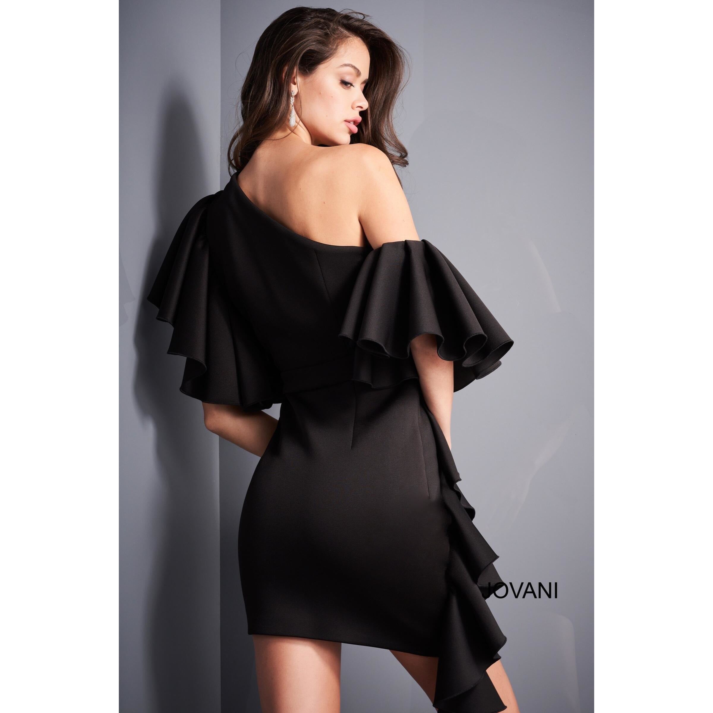 Jovani Cocktail Dress Jovani 05155 Black Ruffle Sleeve Cocktail Dress