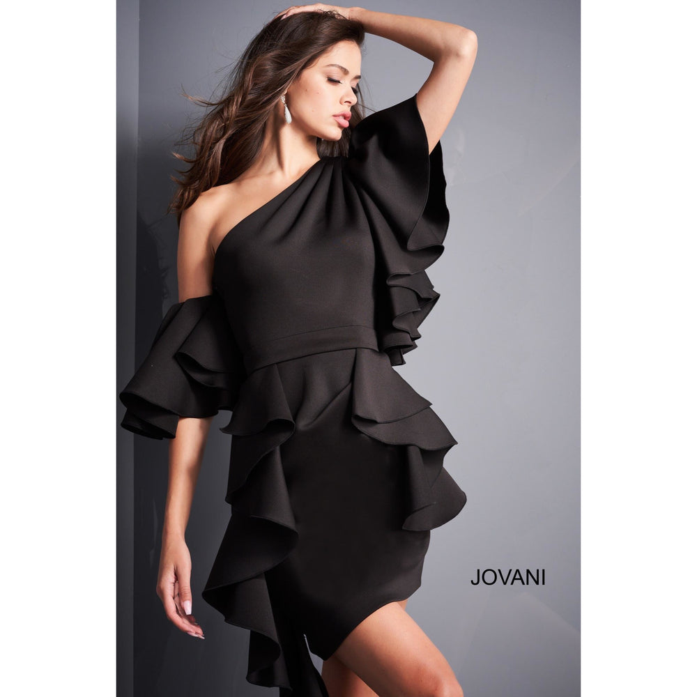 Jovani Cocktail Dress Jovani 05155 Black Ruffle Sleeve Cocktail Dress