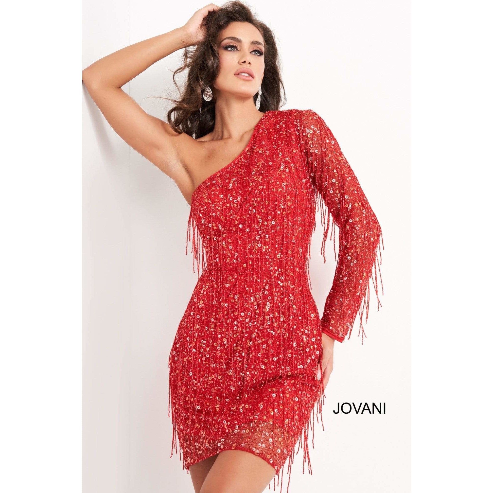 Jovani Cocktail Dress Jovani 2645 Red One Shoulder Embellished Cocktail Dress