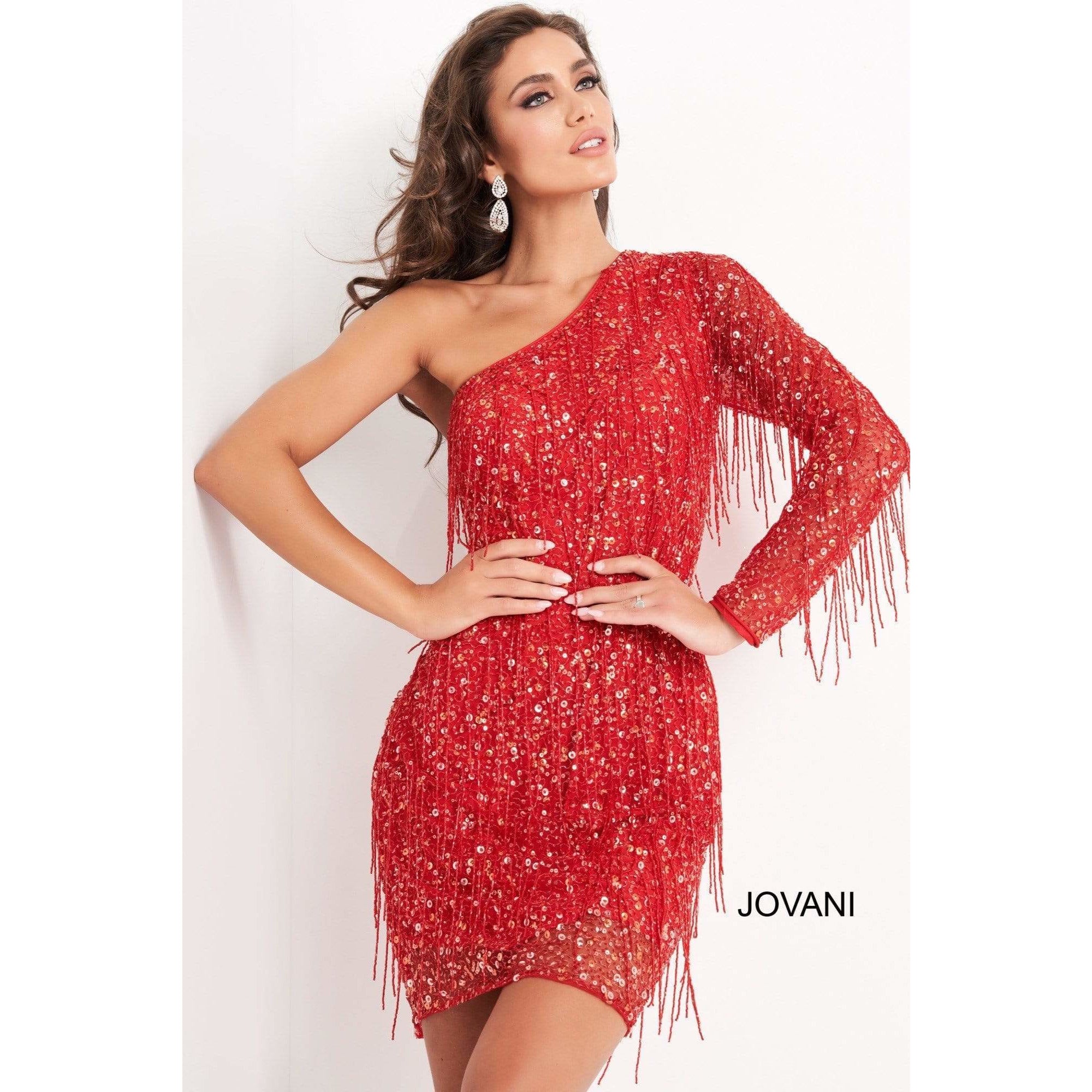 Jovani Cocktail Dress Jovani 2645 Red One Shoulder Embellished Cocktail Dress