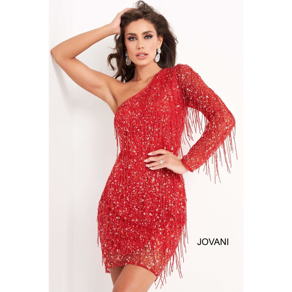 Jovani Cocktail Dress Jovani 2645 Red One Shoulder Embellished Cocktail Dress