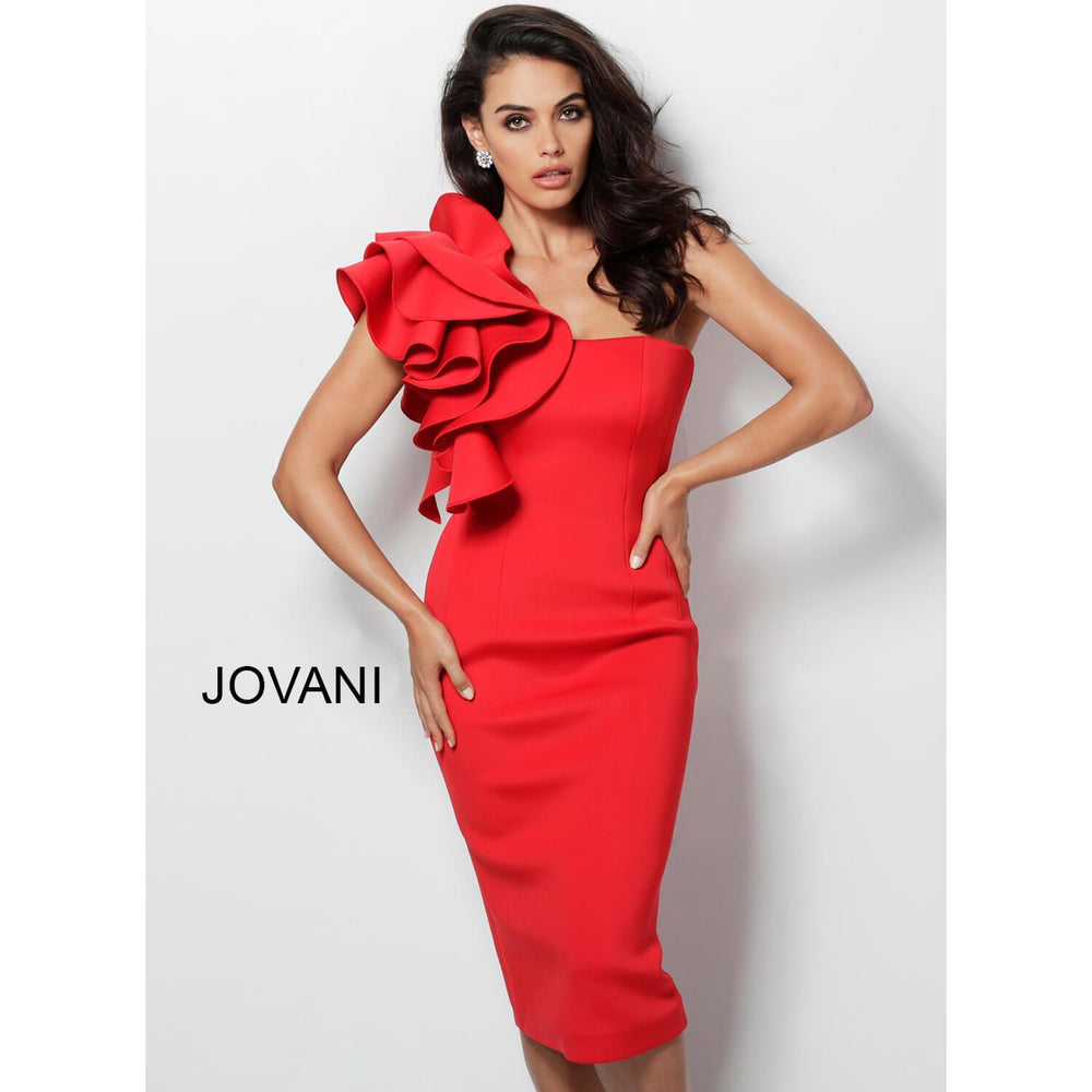 Jovani 63550 Tomato One Shoulder Ruffle Knee Length Dress - NorasBridalBoutiqueNY