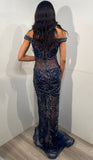 Jovani Couture Gown Jovani 23760 Navy Off the Shoulder Embellished Prom Dress