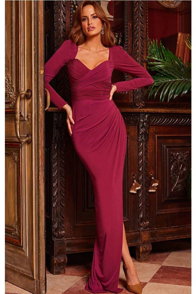 Jovani Dress Jovani 09763 Burgundy Long Sleeve Fitted Evening Dress