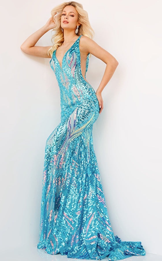 Jovani Dress Jovani 22770 Iridescent Jade V Neck Embellished Prom Dress