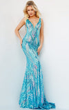 Jovani Dress Jovani 22770 Iridescent Jade V Neck Embellished Prom Dress