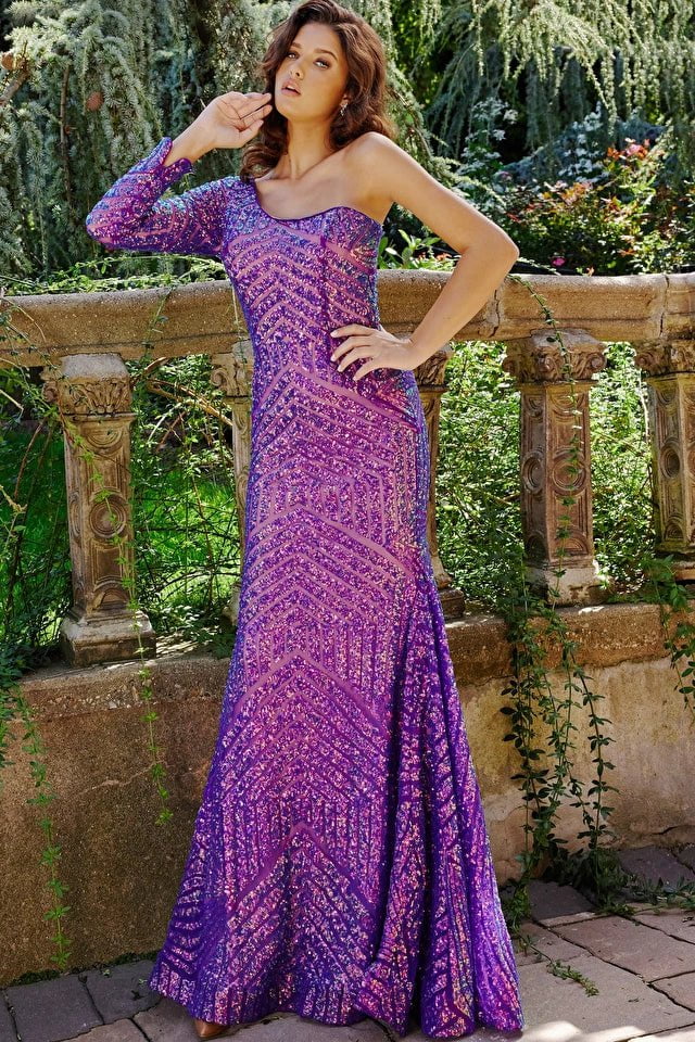 Jovani Dress Jovani 24098 Iridescent Violet Sequin One Shoulder prom Dress