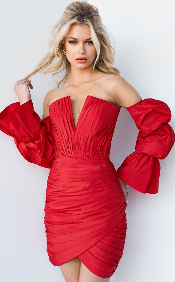 Jovani Dresses Jovani 07558 Red Ruched Off the Shoulder Homecoming Dress