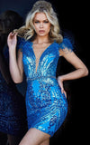 Jovani Dresses Jovani 23104 Blue Feather Shoulders Plunging Neck Short Dress