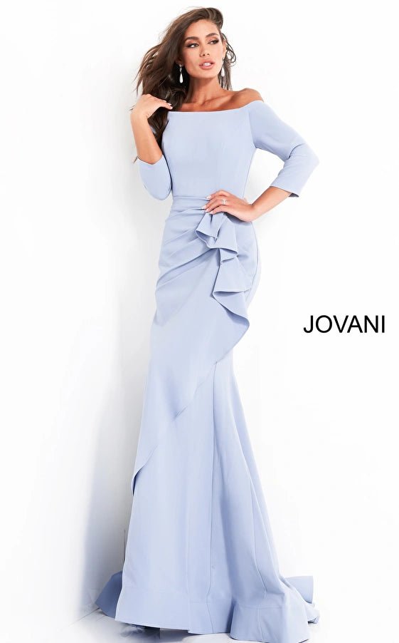 Jovani Evening Dress Jovani 00446 Light Blue Sheath Off the Shoulder Evening Dress